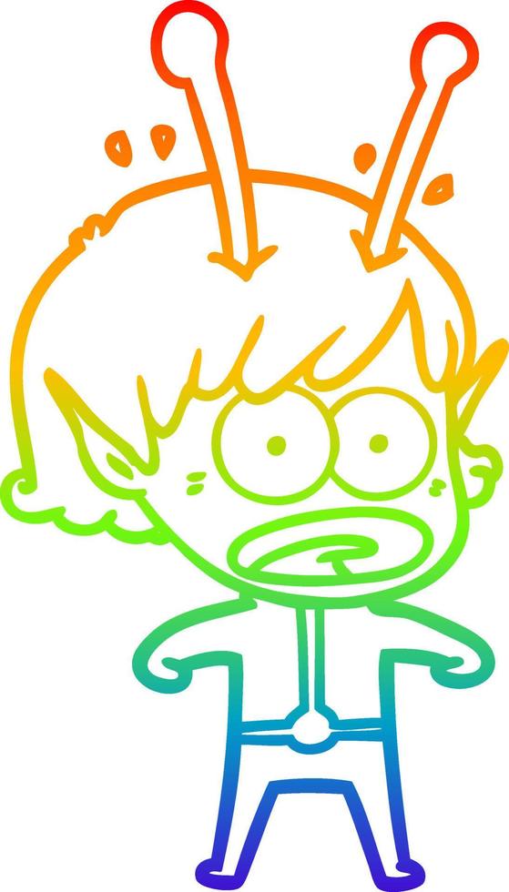 rainbow gradient line drawing cartoon shocked alien girl vector