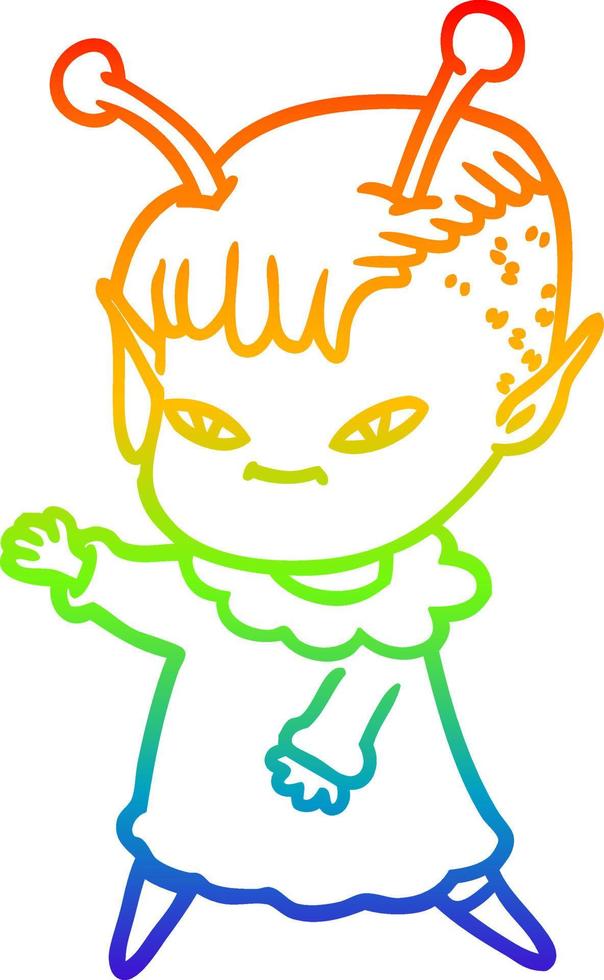 rainbow gradient line drawing cute cartoon alien girl vector