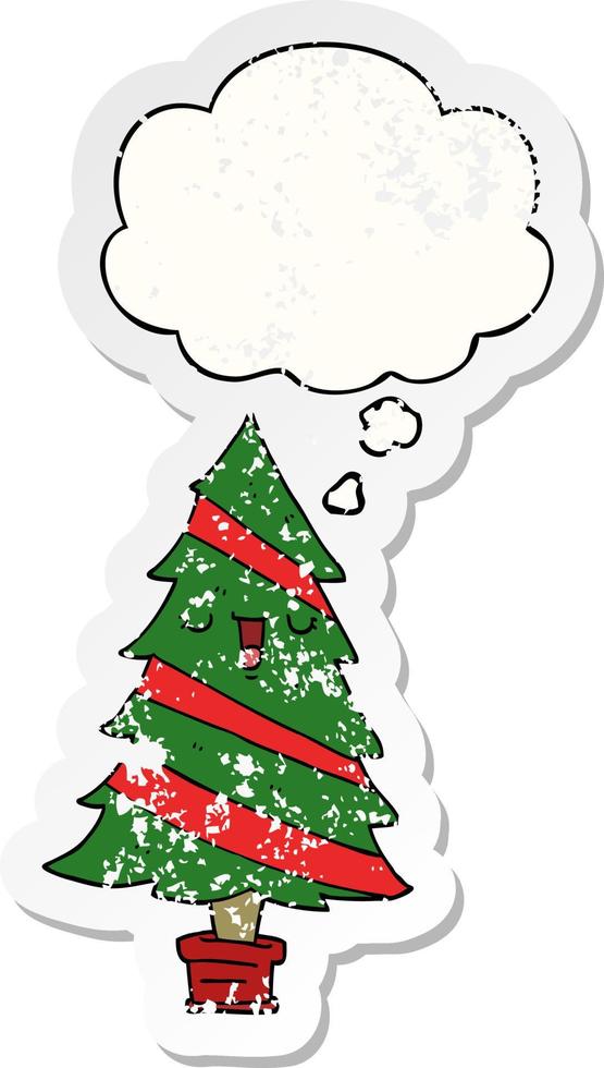 cartoon christmas tree and thought bubble as a distressed worn sticker vector
