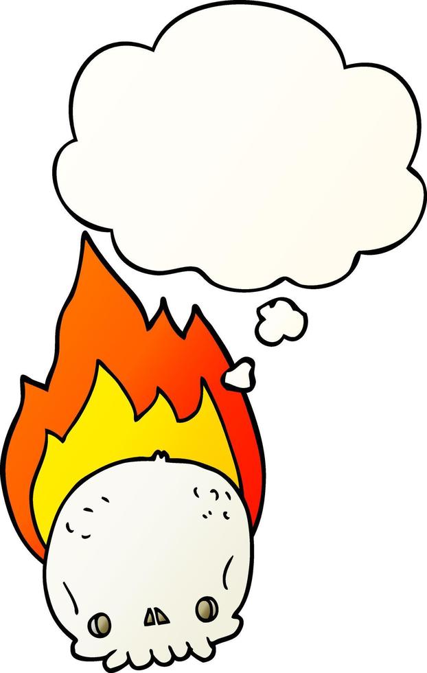 spooky cartoon flaming skull and thought bubble in smooth gradient style vector