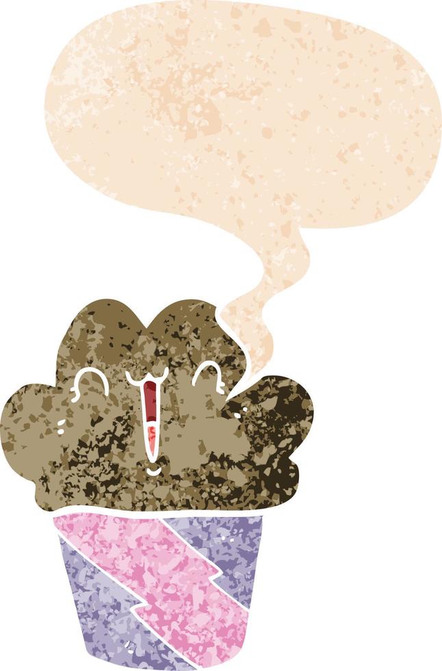 cartoon cupcake with face and speech bubble in retro textured style vector