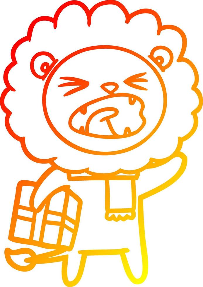 warm gradient line drawing cartoon lion with christmas present vector