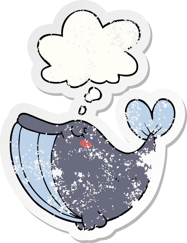 cartoon whale and thought bubble as a distressed worn sticker vector