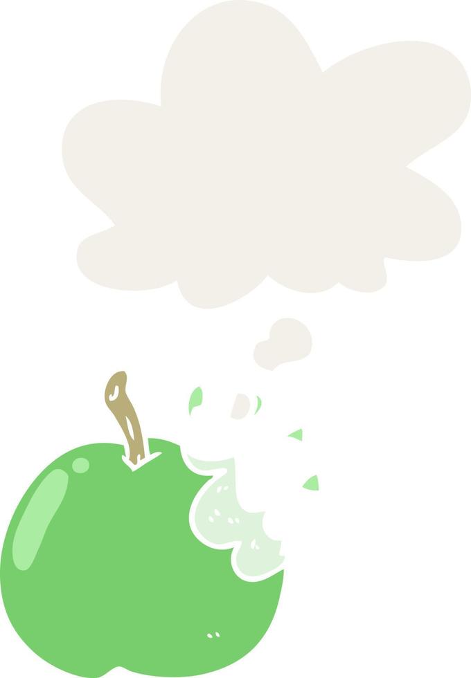 manzana mordida de dibujos animados y burbuja de pensamiento en estilo retro vector