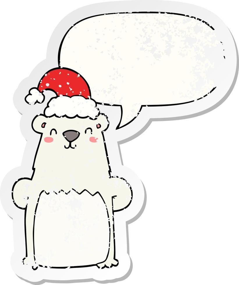 cartoon bear wearing christmas hat and speech bubble distressed sticker vector