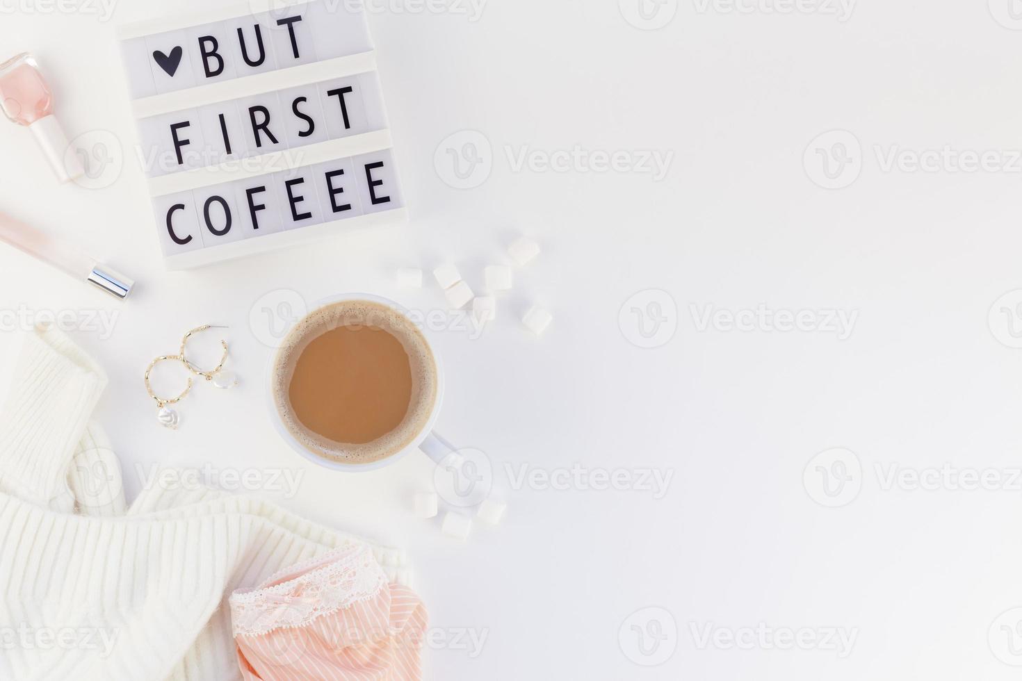 But first coffee text on lightbox with Coffee Cup photo