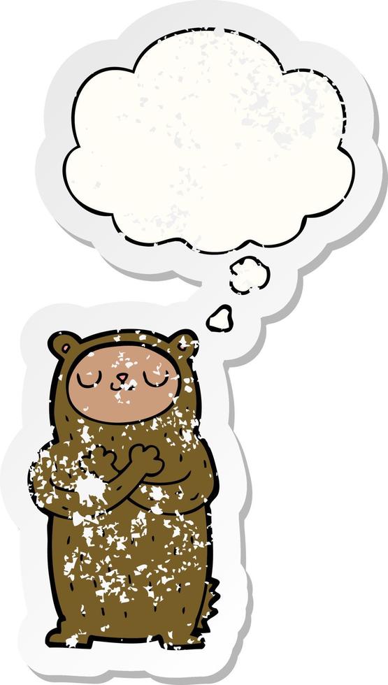 cartoon bear and thought bubble as a distressed worn sticker vector