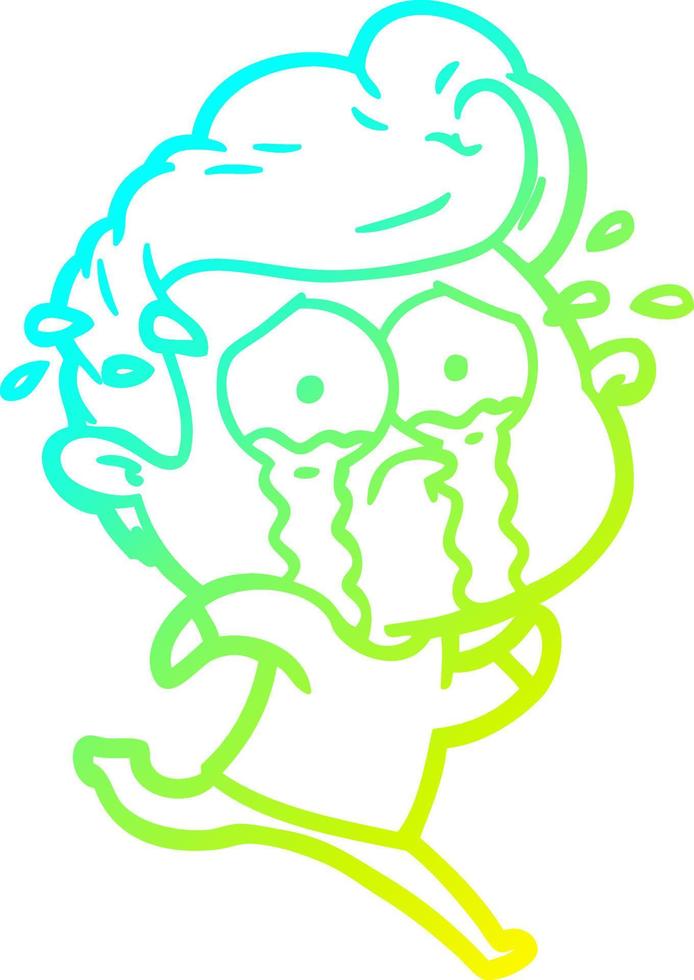 cold gradient line drawing cartoon crying man running vector