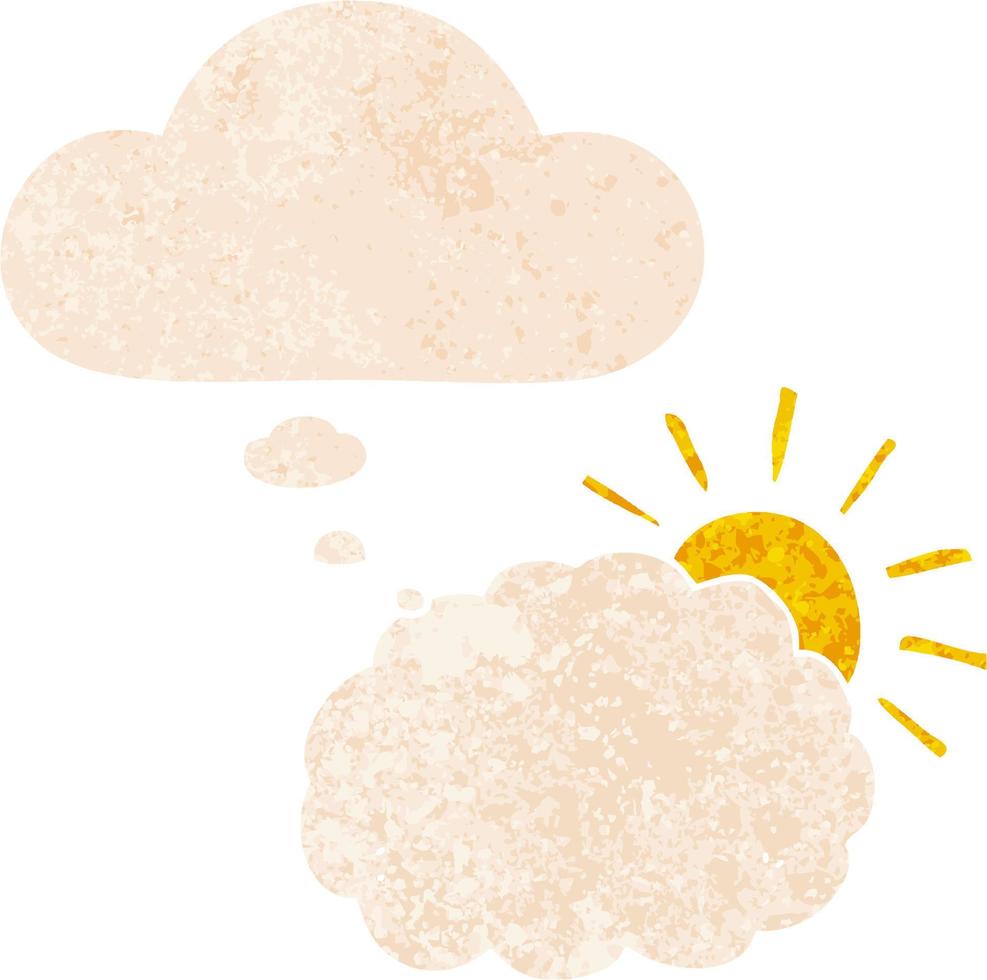 caricatura, sol, y, nube, símbolo, y, pensamiento, burbuja, en, retro, textura, estilo vector