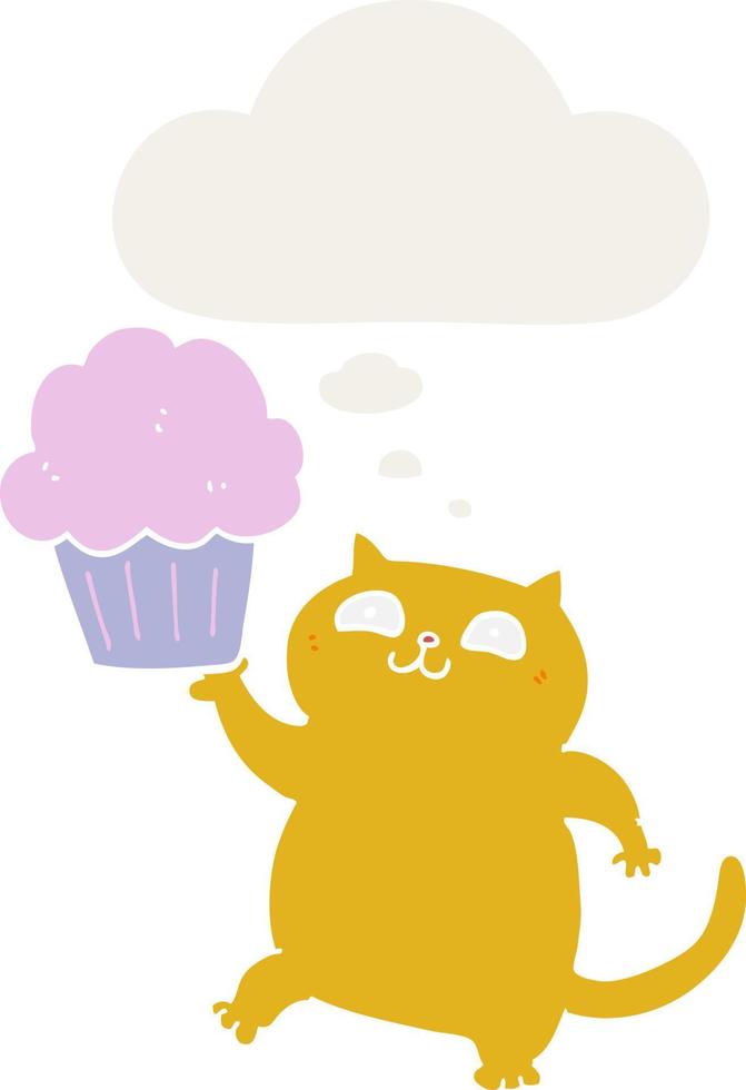 cartoon cat with cupcake and thought bubble in retro style vector
