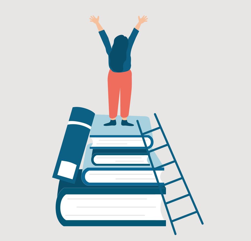 Businesswoman standing on a huge tower stack of books and raised hands as a sign of victory. Path to business and personal success. Knowledge, Learning and skill development concept. Vector stock