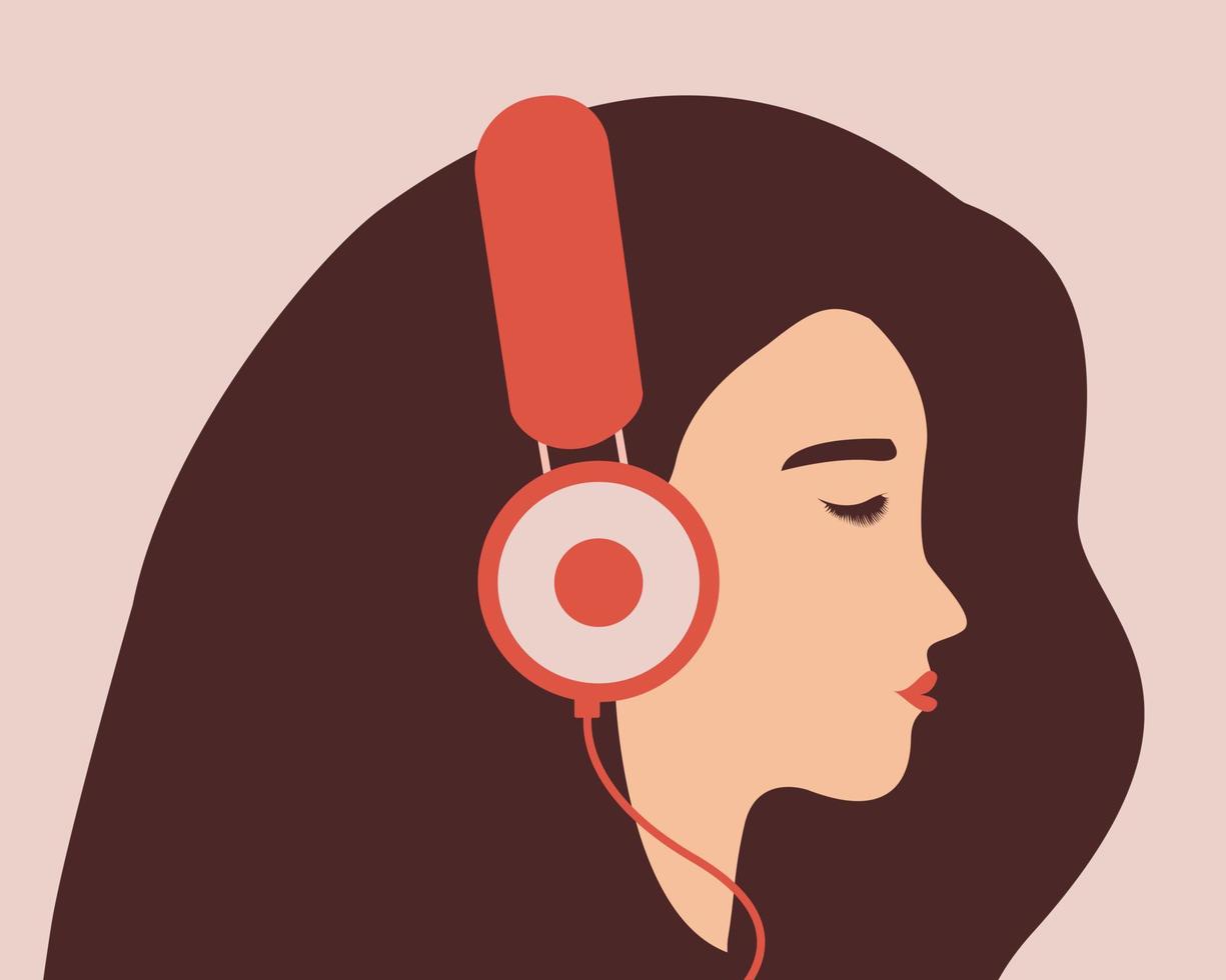 mujer joven escucha música en auriculares grandes. personaje de vista lateral de una adolescente que usa auriculares. concepto de musicoterapia y rehabilitación de la salud mental. material vectorial vector