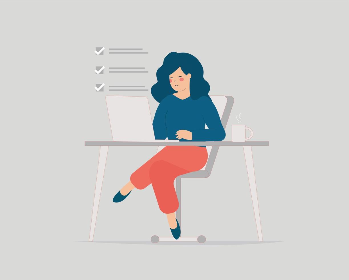 Freelancer or professional office female employee works using her laptop. Happy woman learning new skill online. Concept of remote job and business. Vector illustration