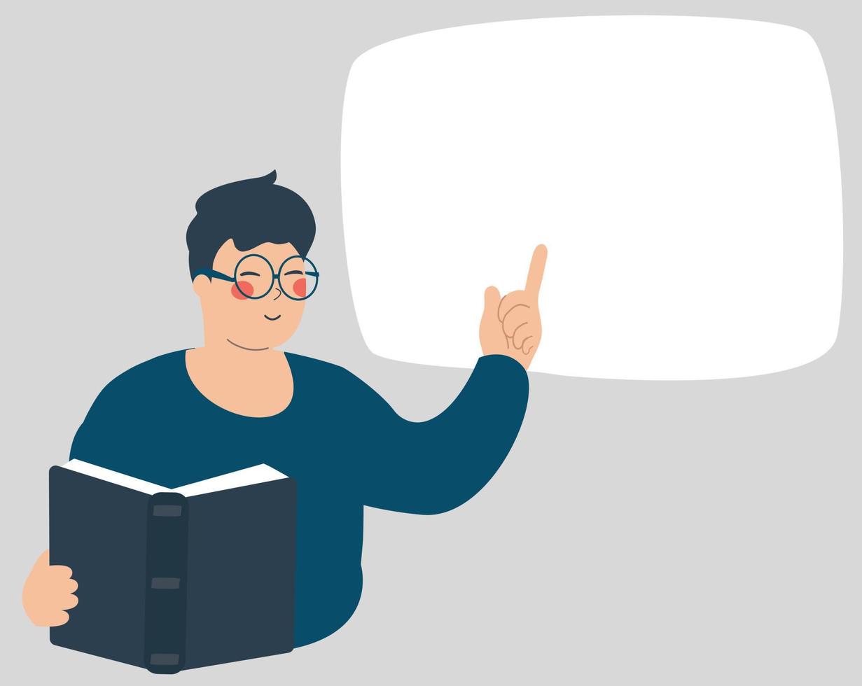 Teacher man reading a book and points to an empty whiteboard. Man explains an idea from a book and points her finger to a speech bubble above. Learning, Education and Teaching Concept. Vector