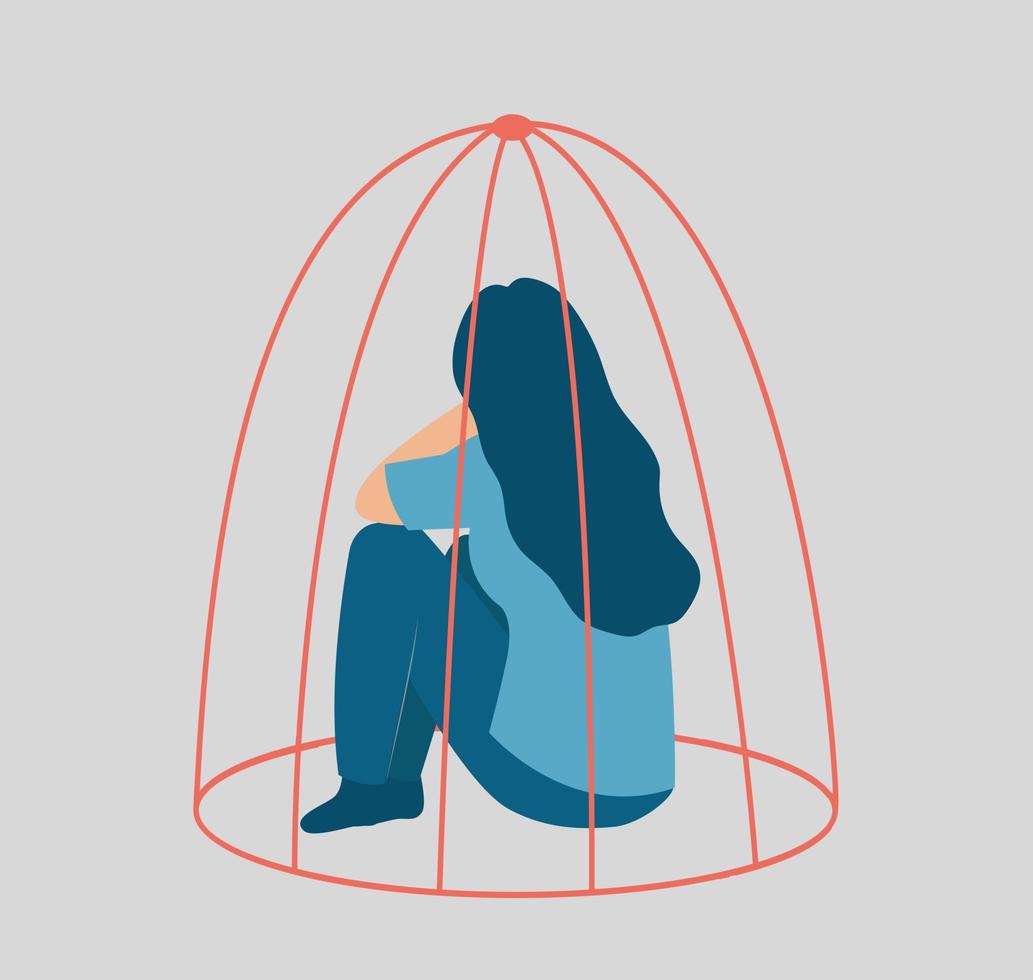 Sad woman locked inside a cage. Influence of drug addiction on mental health. Prisoner girl suffers from Inequality. Concept of restrictions on human rights or freedoms in society. Women's empowerment vector