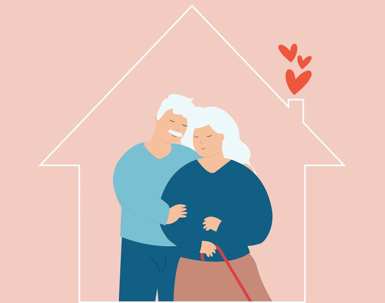 Senior couple stand together and hug each other at their home. Elderly husband and wife hold hands with care and love. Family support, mature people relationship and grandparents day concept. Vector