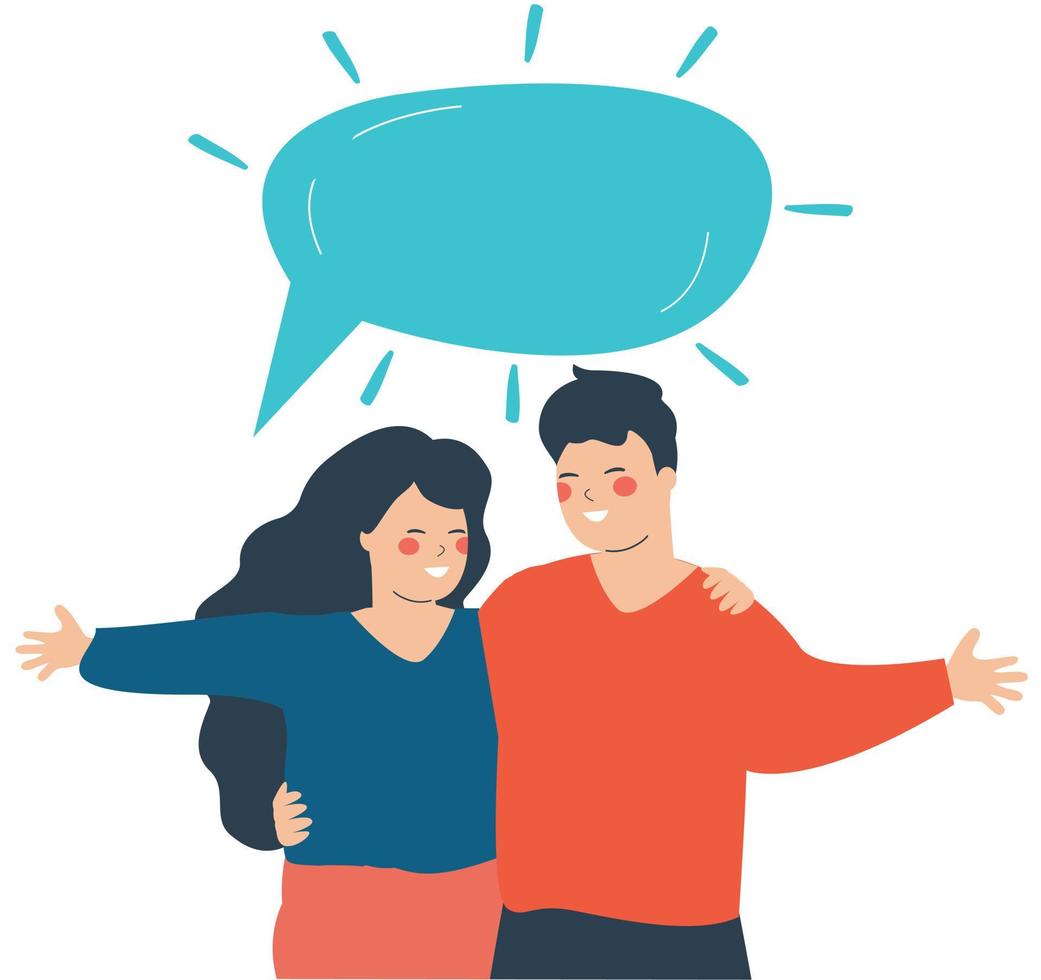 Happy teenage friends or classmates stand together with something to say. Speech bubble above a smiling couple embracing each other with love and care. Man and woman hug each other with empty text. vector