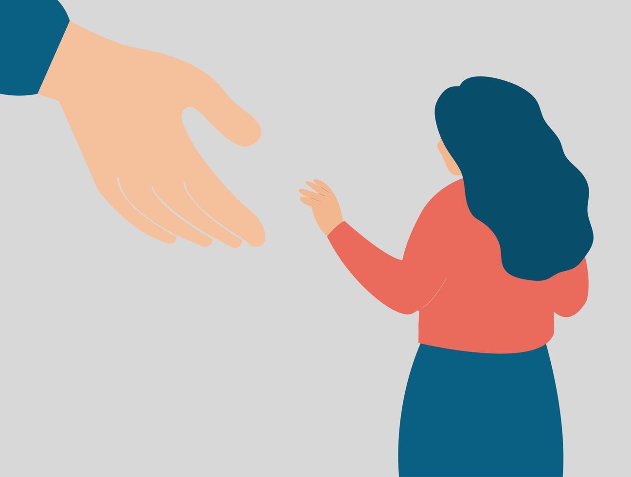 Big hand helps a person gets rid of stress. Helping hand from a friend supports a woman to start a new life.  Life improvement, mental health wellness, medical help for people under depression concept vector