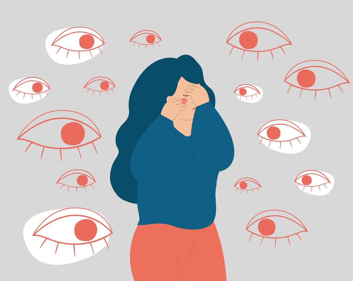 mujer joven rodeada de grandes ojos malvados, se siente impotente y abrumada. niña triste sufre de abuso verbal y acoso. concepto de trastorno de salud mental, fobia y miedos. material vectorial vector