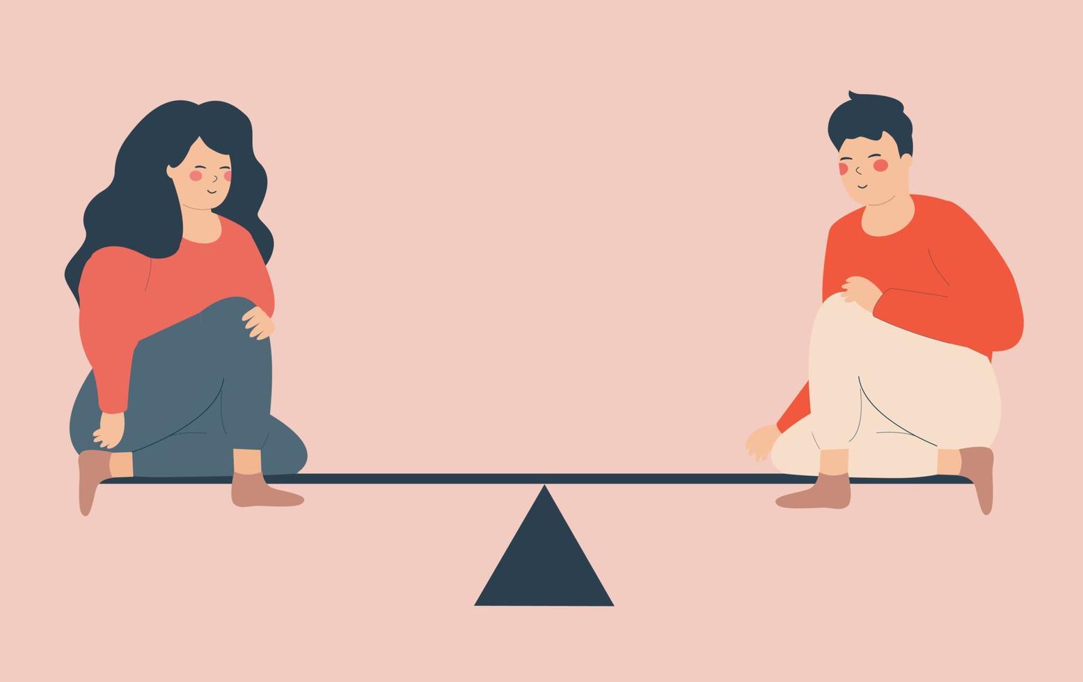 Man and woman character sitting on a weight scale showing sign of equal weight and value in society. Concept of gender equality based on the skills and knowledge. Vector illustration