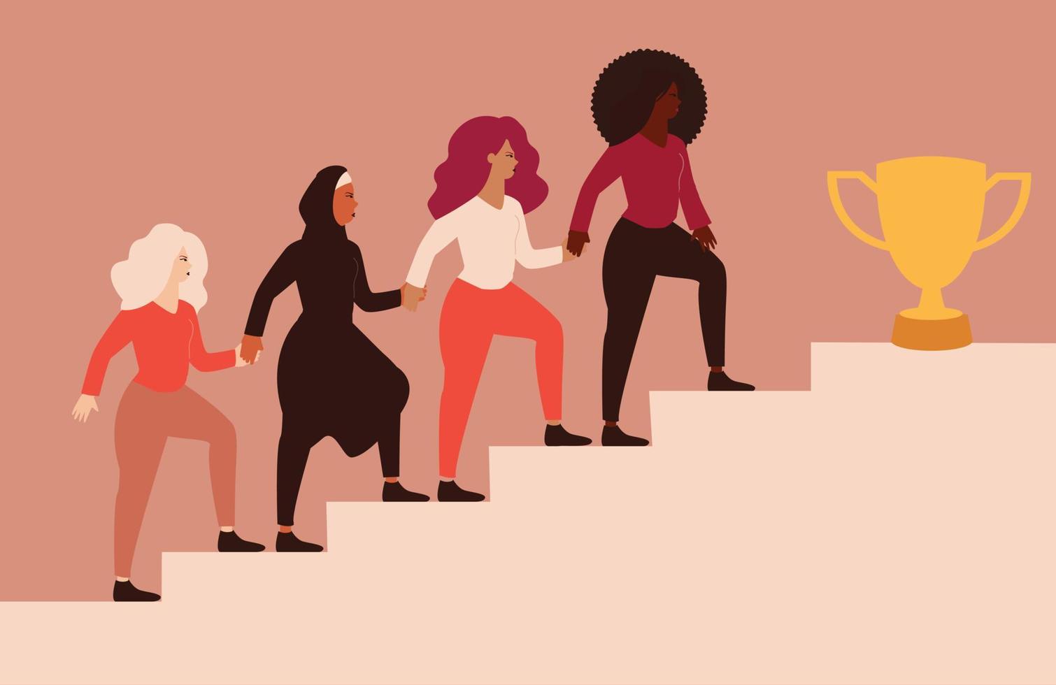 Group of women climb up the stairs, hold hands and help each other to reach the objective. Female community with different ethnicities go up the staircase to get the trophy. Women empowerment concept vector