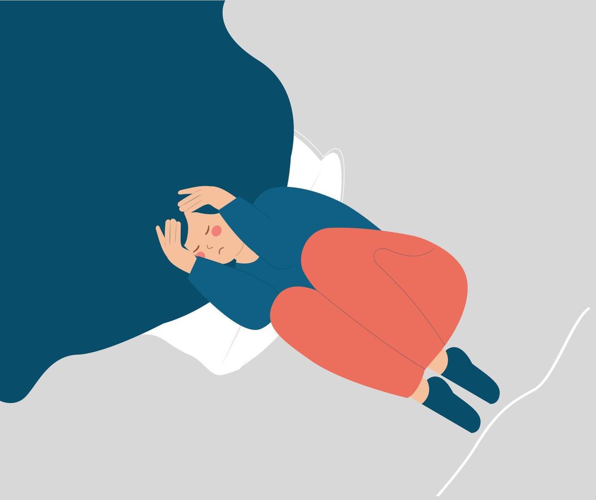 Woman with insomnia on bed covering her face. Small frightened girl having bad nightmare in bedroom at night. Child panicking, looking fearful and anxious, feeling horror. Sleeping problem, phobias. vector