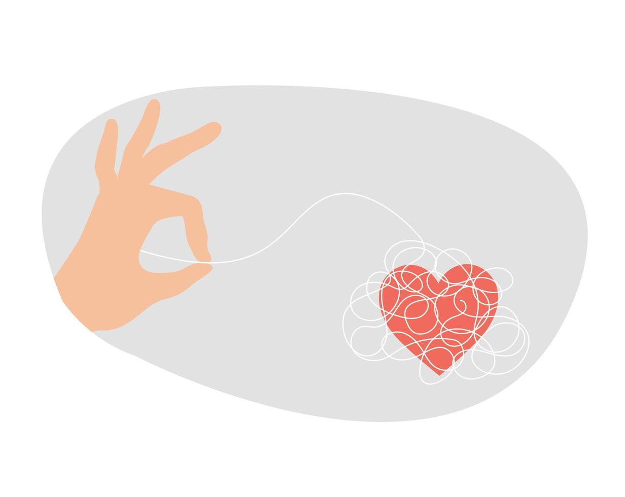 el psicólogo desenreda el enredo enredado desenredado alrededor del corazón. gran mano ayuda y apoya un corazón con problemas. psicoterapia, sicología, salud mental, concepto de amor. ilustración vectorial vector