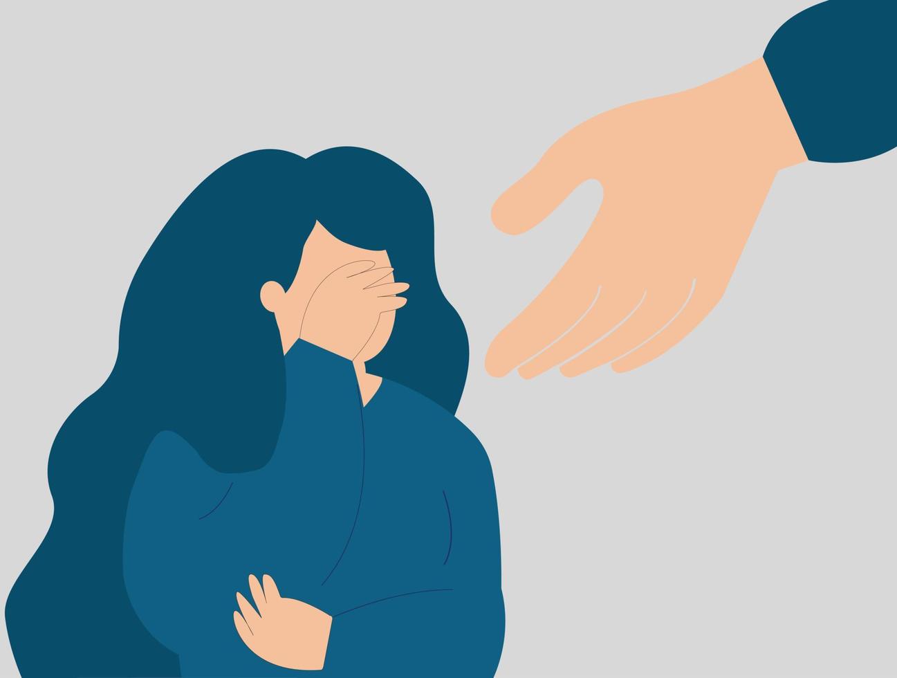 A hand helps a woman to get rid of stress and depression. Sad girl needs support, and care due to abuse and violence. A female teenage crying and covering her face. Mental health disorder concept. vector