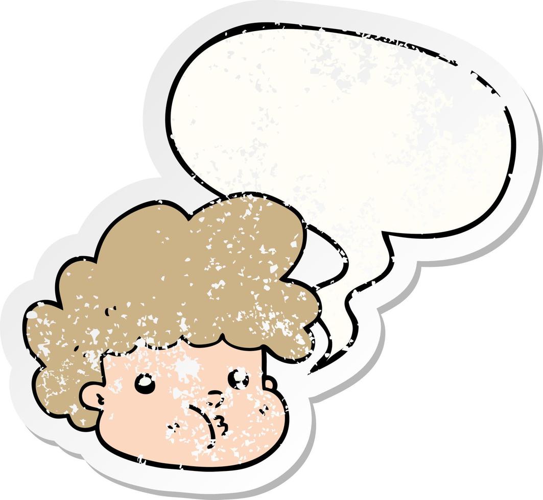 cartoon boy and speech bubble distressed sticker vector