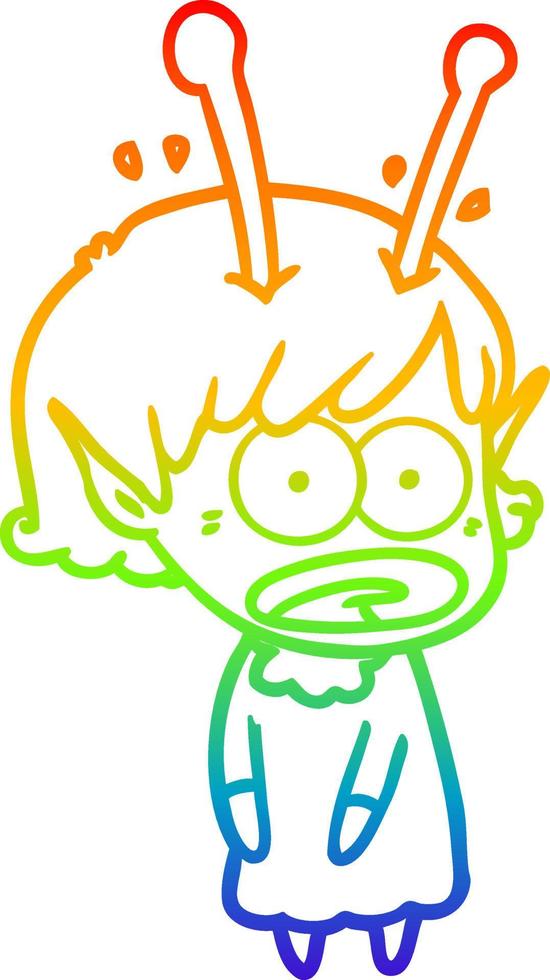 rainbow gradient line drawing cartoon shocked alien girl vector
