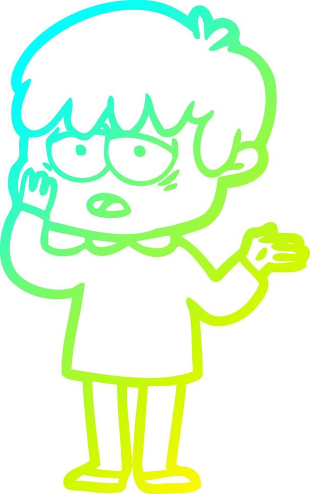 cold gradient line drawing cartoon exhausted boy vector