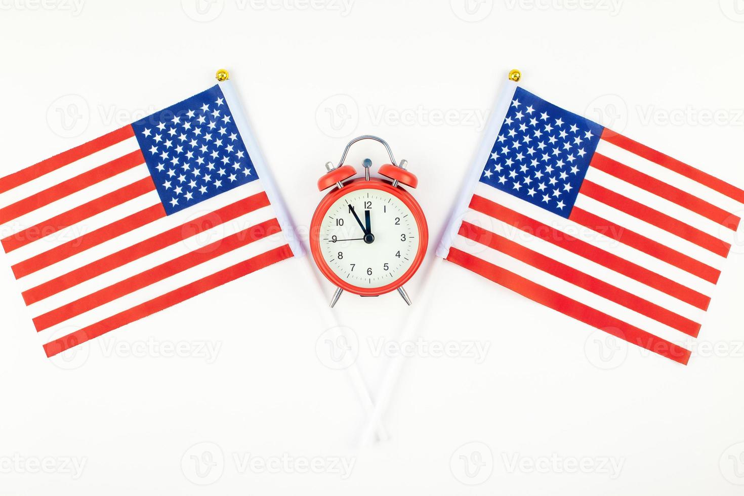 American flags on white background top view photo