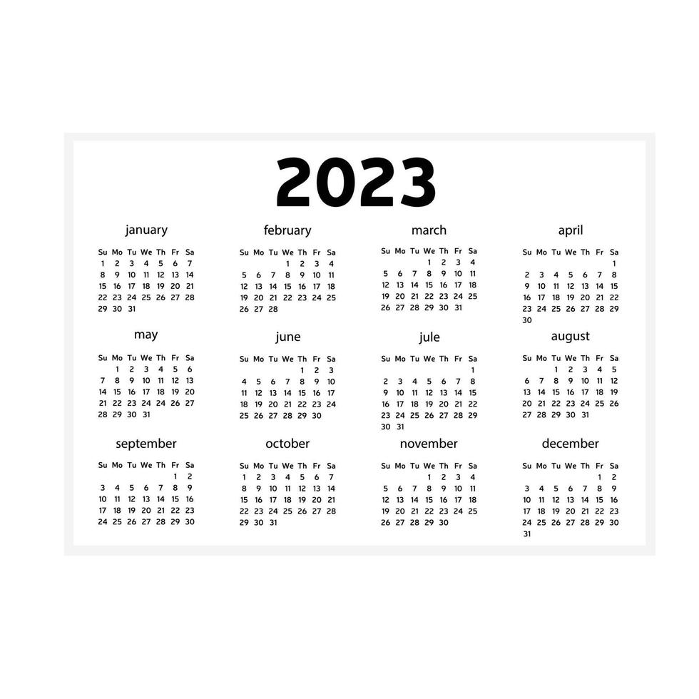 simple 2023 english calendar grid, starts Sunday vector