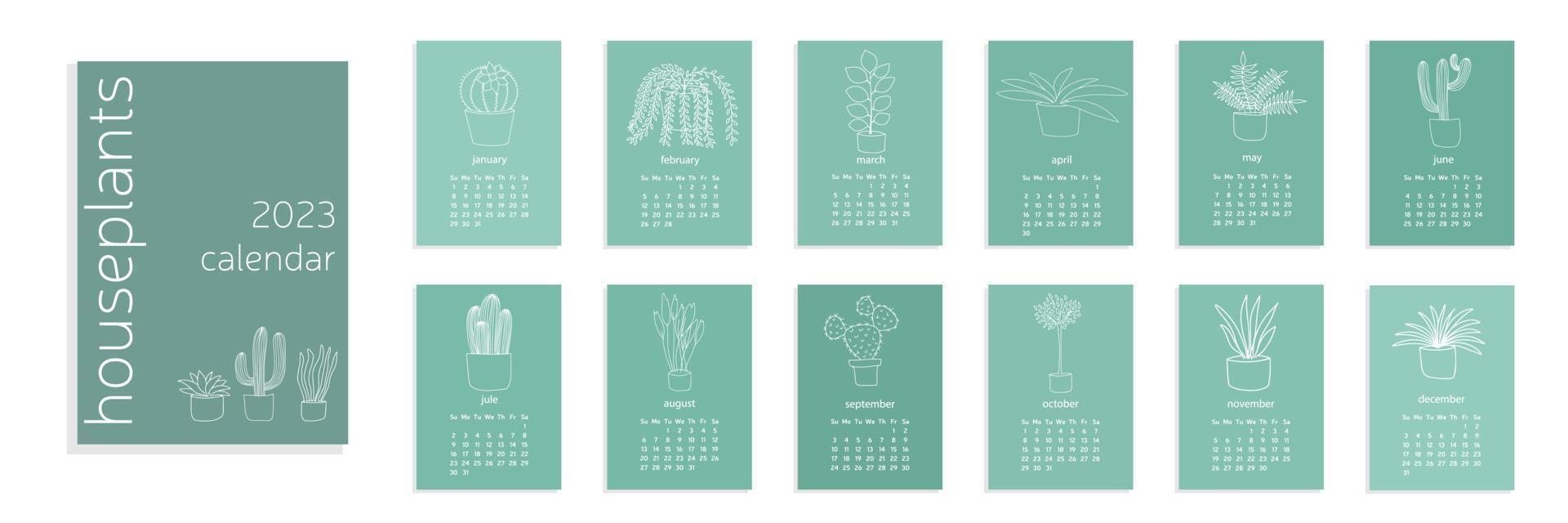 A4 calendar for 2023. Cute potted flowers. A set of pages for 12 months of 2023. Vector illustration. The week starts on Monday.