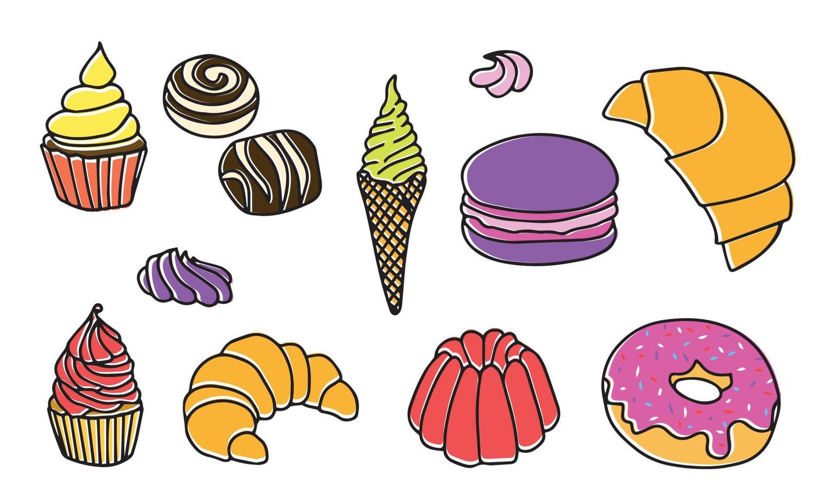 Vector cartoon set on the theme of food. Isolated colored doodles of sweet on white background. Hand drawn elements