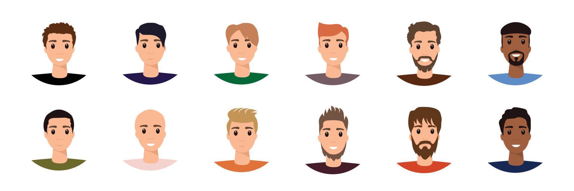 Male character face construction. Man avatar creation kit. Generator, constructor of diverse hairstyles, skin, eyes, lips, brows set. Colored flat vector illustration isolated on white background