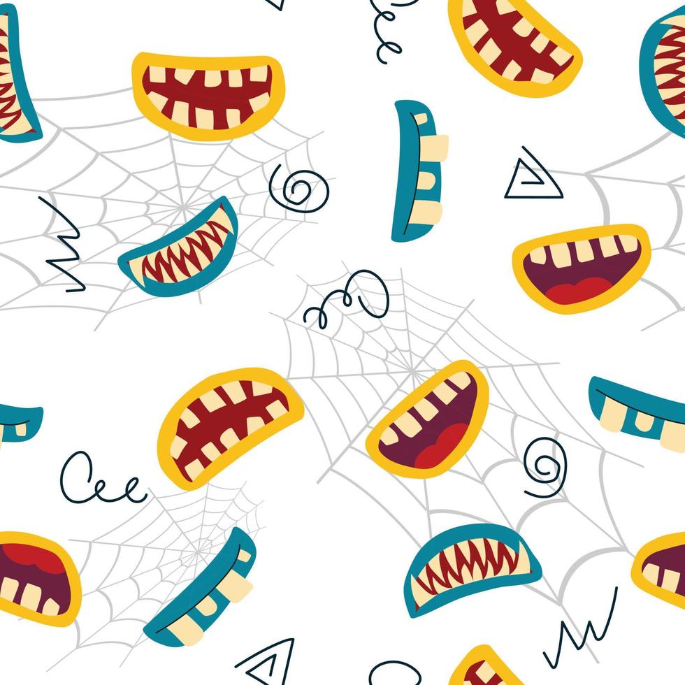 Seamless pattern with creepy monster smiles on white background. Scary mouth print. vector