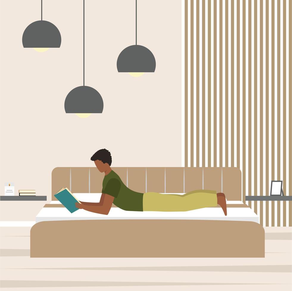 Young African man reading book in bed at night vector