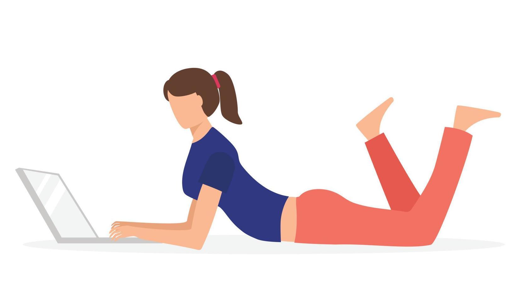 drawing a little blonde girl lying on the floor and studying on a laptop vector