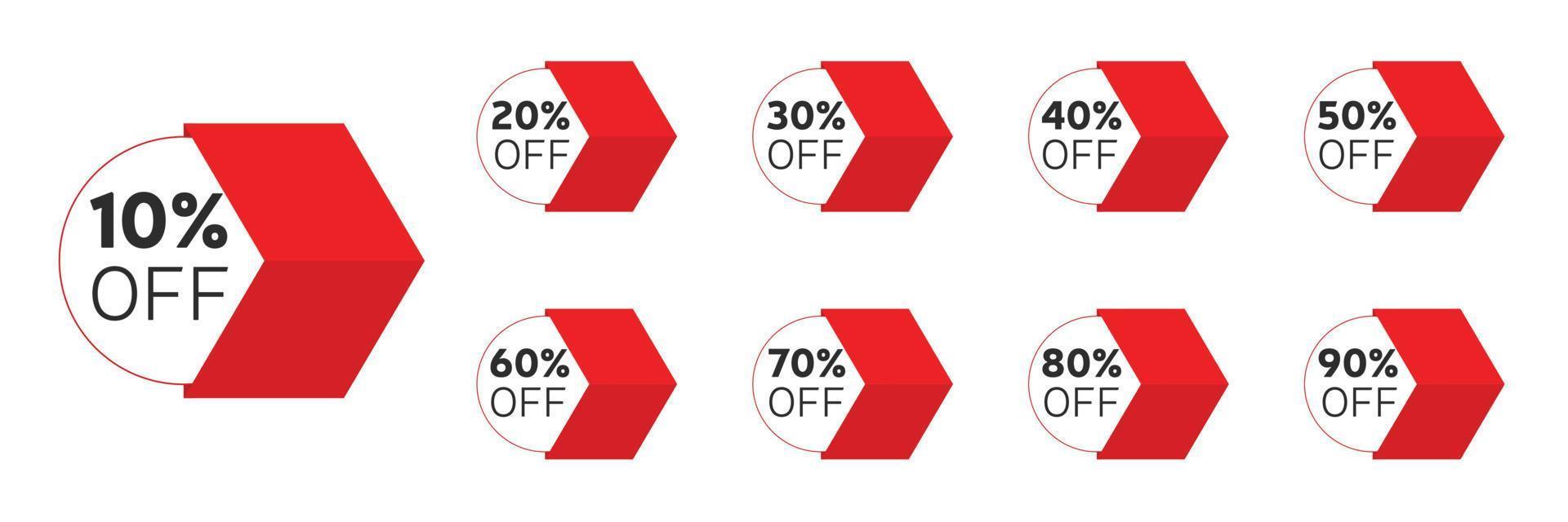 Discount stickers set for shop, retail, promotion. 10, 20, 25, 30, 40, 50, 60, 70 percentage off vector