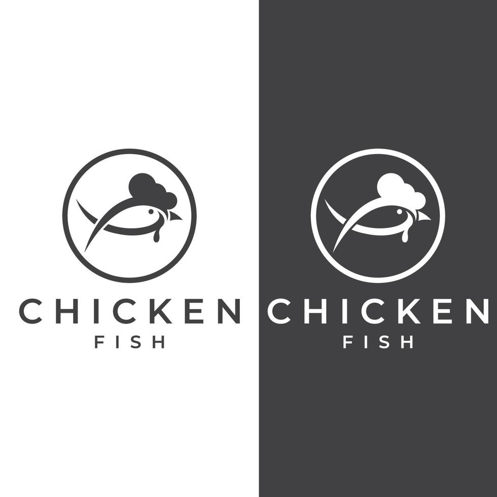 logotipo de pollo, logotipo de cabeza de gallo con combinación de pescado. logotipo para empresa, restaurante o restaurante o puesto de comida. utilizando la ilustración de vector simple penditan.