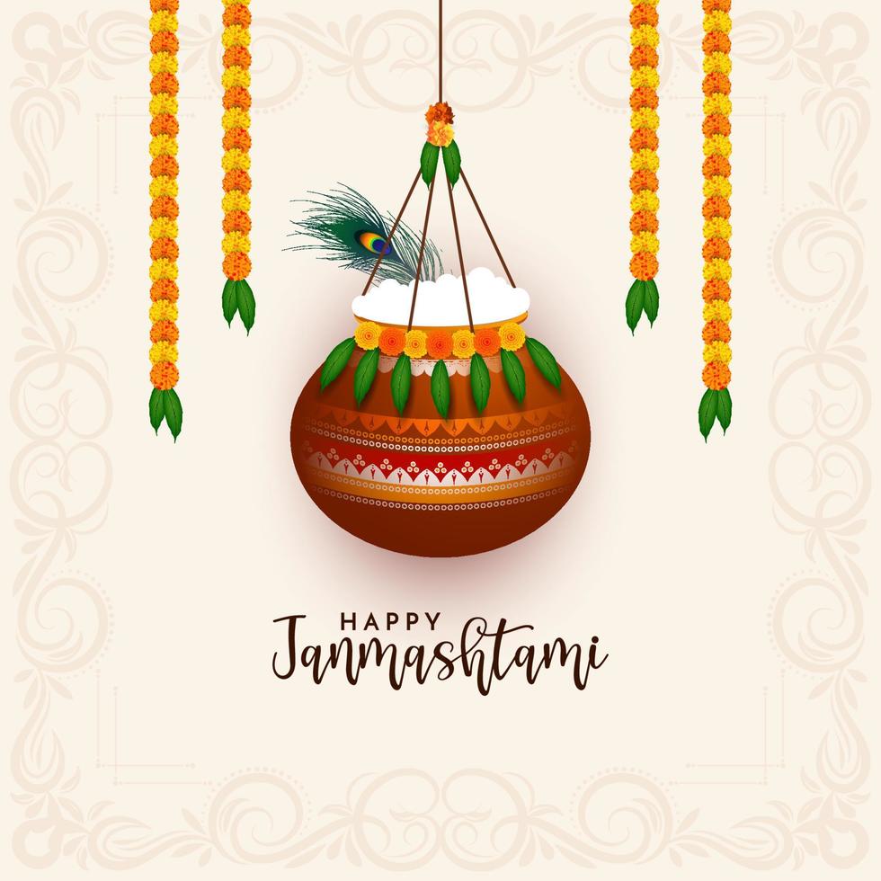 feliz fondo del festival janmashtami con diseño de maceta decorativa vector