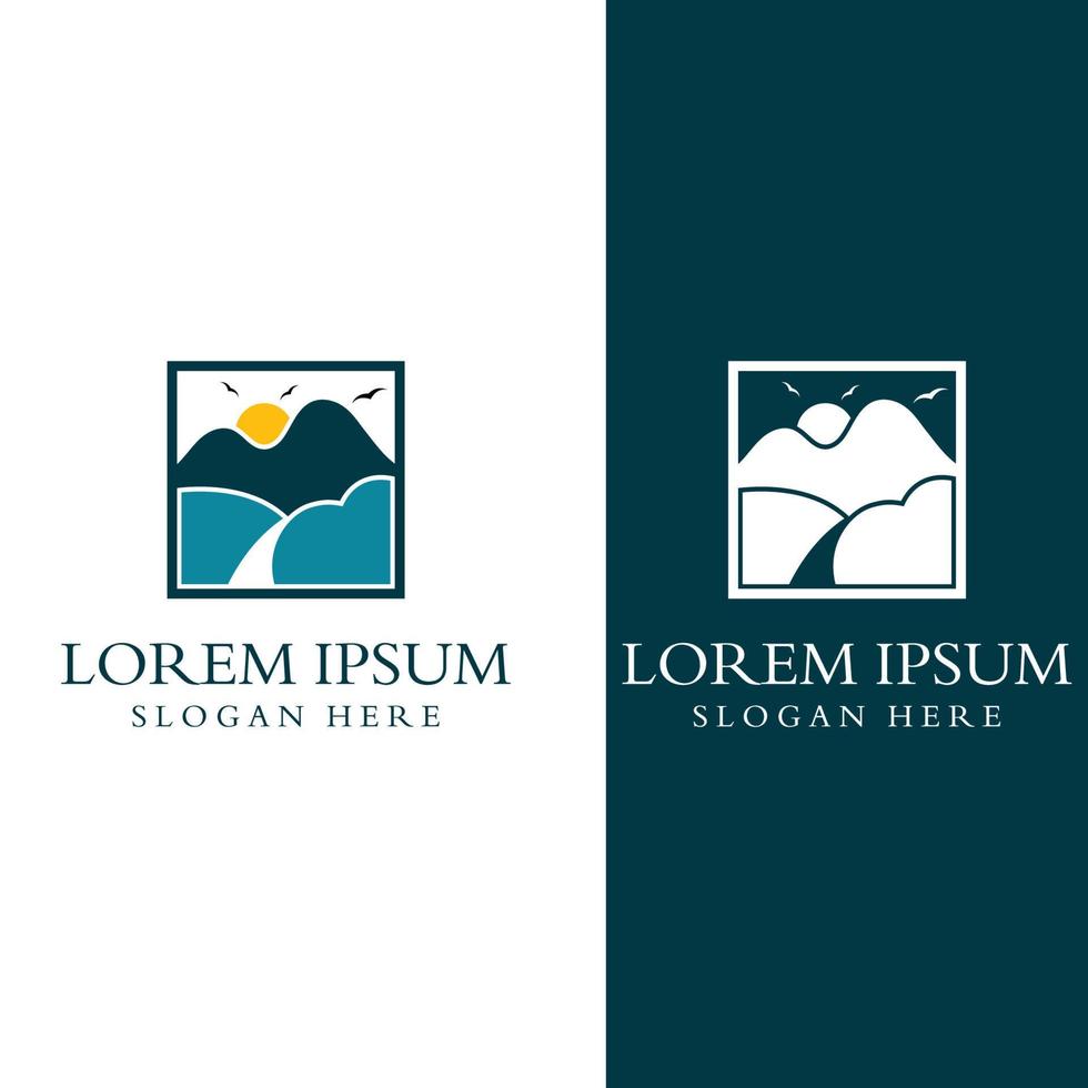 Logos of rivers, creeks, riverbanks and streams. River logo with combination of mountains and farmland with concept design vector illustration template.