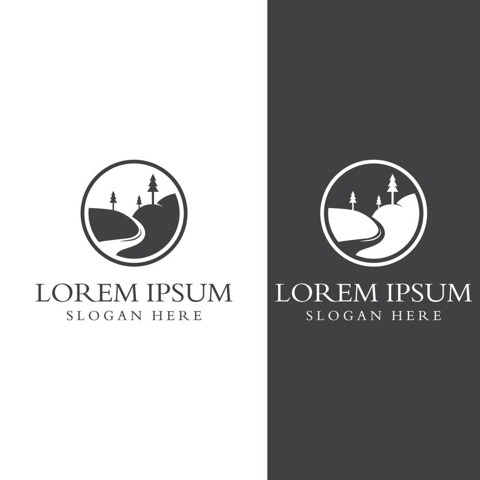 Logos of rivers, creeks, riverbanks and streams. River logo with combination of mountains and farmland with concept design vector illustration template.