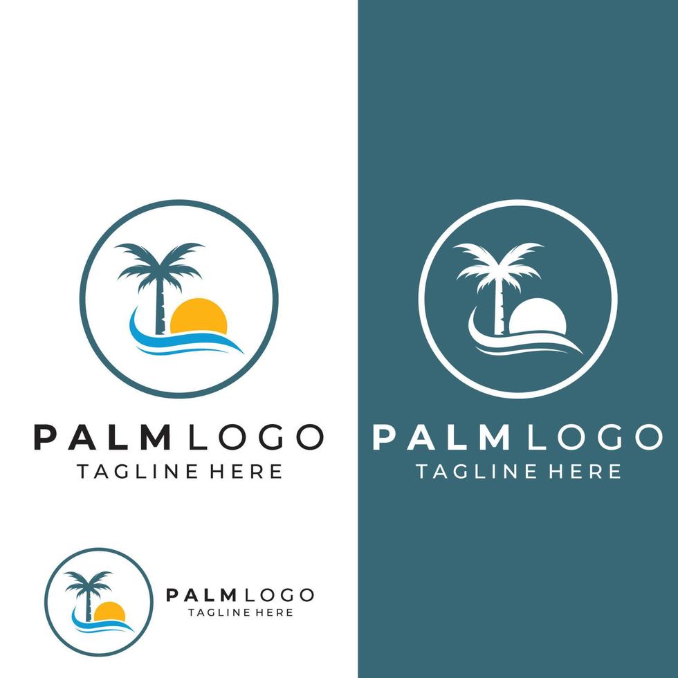 Palm tree logo, palm with waves and sun. Using Illustrator template design editing. vector