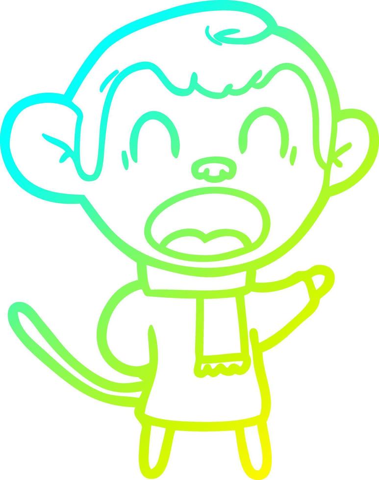 cold gradient line drawing shouting cartoon monkey wearing scarf vector
