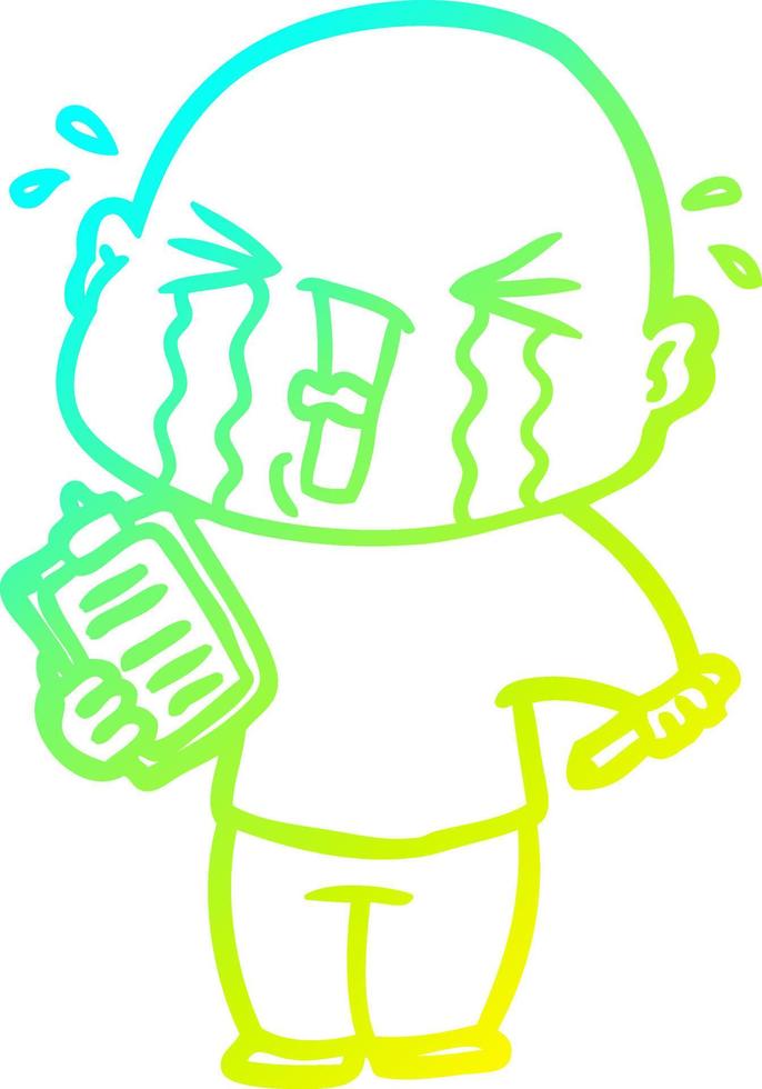 cold gradient line drawing cartoon crying man with clipboard vector