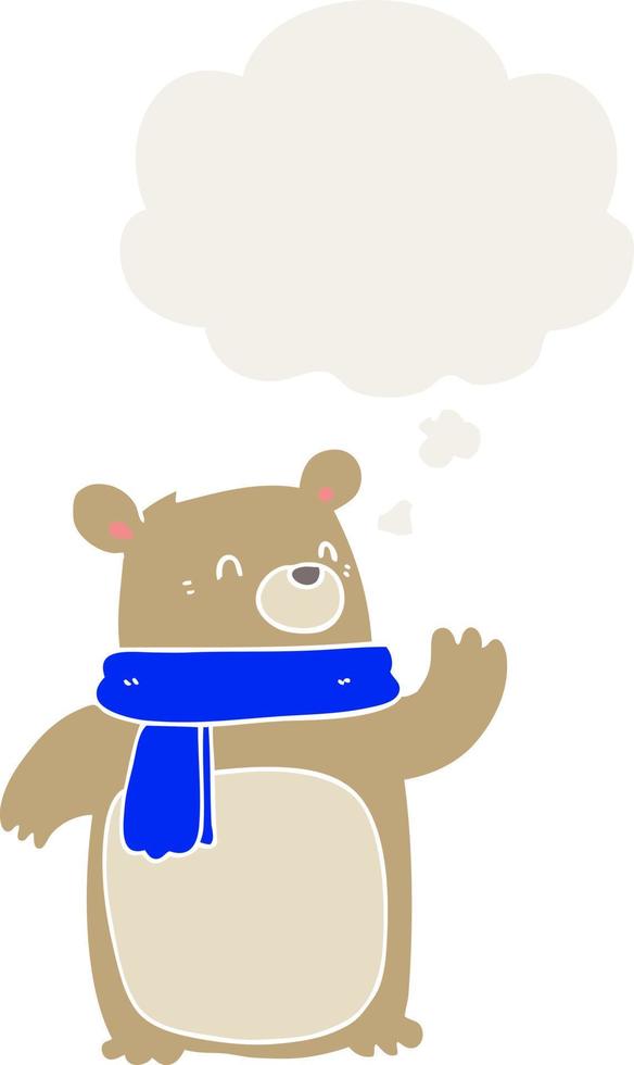 cartoon bear wearing scarf and thought bubble in retro style vector