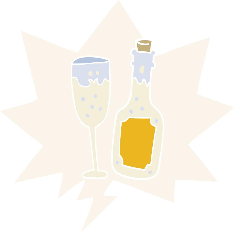 cartoon champagne bottle and glass and speech bubble in retro style vector