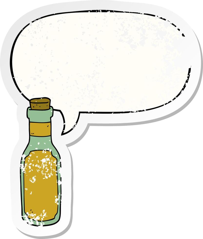 cartoon potion bottle and speech bubble distressed sticker vector